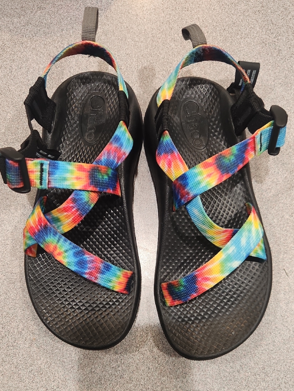 Chaco Women's Sandals with Rainbow Tie-Dye Straps and Black Footbed
